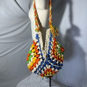 Vintage Boho Colorful Crochet Shoulder Bag Handmade Puff Stitch Granny Square